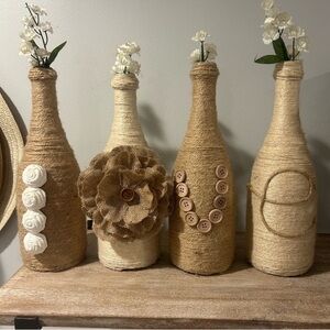 Rustic Twine Wrapped Decorative Bottles - Set of 4